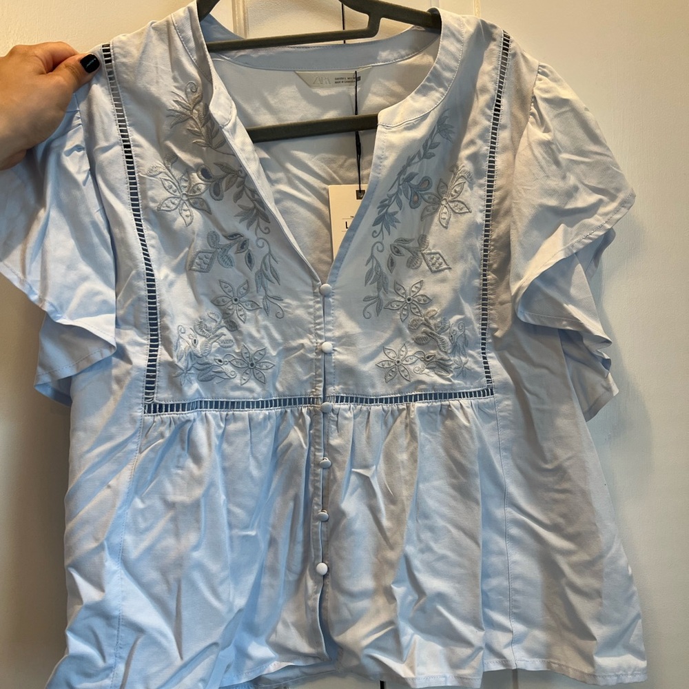 Zara Light Blue Embroidered Blouse